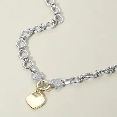 Fashnzfab 14k Gold Plated Two Tone Heart Pendant Cz Stone Paved Link Chain Necklace In Metallic