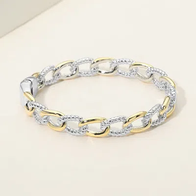 Fashnzfab 14k Gold Plated Two Tone Interlinked Chain Hinged Bangle Bracelet In Metallic