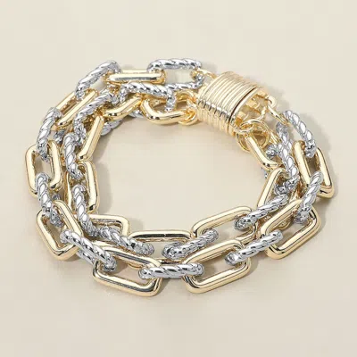 Fashnzfab 14k Gold Plated Two Tone Layered Chunky Chain Magnetic Bracelet In Silver