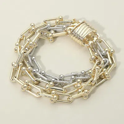 Fashnzfab 14k Gold Plated Two Tone Layered Industrial Chain Link Magnetic Bracelet In Silver
