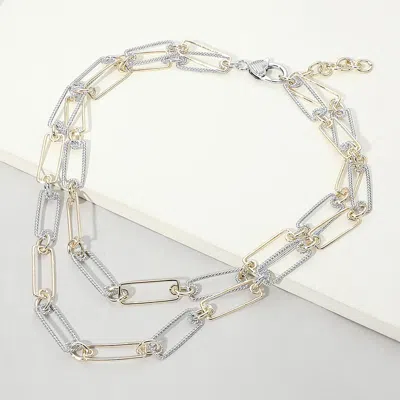 Fashnzfab 14k Gold Plated Two Tone Layered Rectangular Link Chain Necklace In Multi