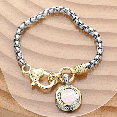 Fashnzfab 14k Gold Plated Two Tone Mother Of Pearl Round Pendant Bracelet Mother Of Pearl, Two Tone In Multi