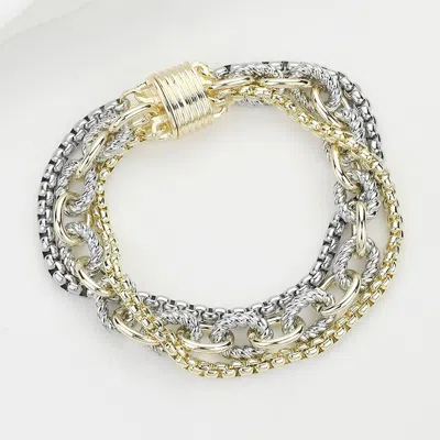 Fashnzfab 14k Gold Plated Two Tone Multi Layered Chunky Chain Magnetic Bracelet In Brown