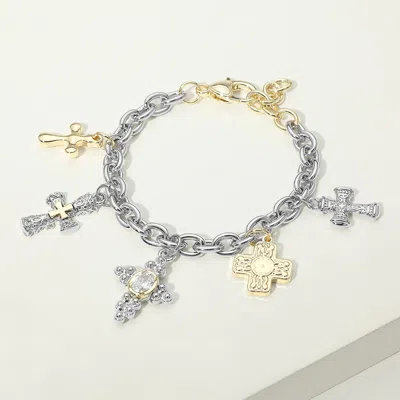 Fashnzfab 14k Gold Plated Two Tone Oval Cz Accent Cross Charm Station Bracelet In Silver