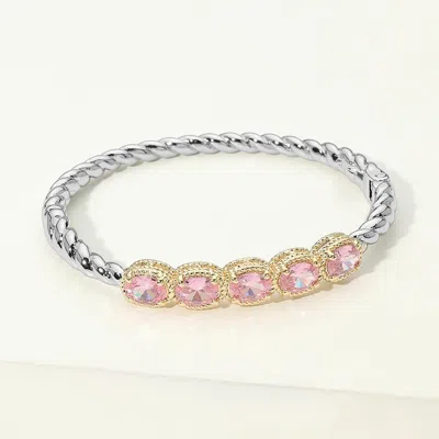 Fashnzfab 14k Gold Plated Two Tone Oval Cz Cluster Link Rope Hinged Bangle Bracelet In Multi