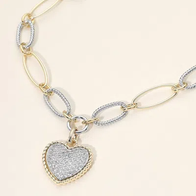 Fashnzfab 14k Gold Plated Two Tone Oval Link Cz Pave Heart Pendant Necklace In Metallic