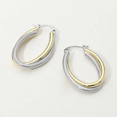 Fashnzfab 14k Gold Plated Two Tone Overlay Oval Hoop Pin Catch Earrings In Metallic