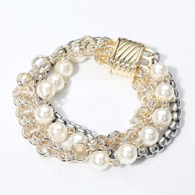 Fashnzfab 14k Gold Plated Two Tone Pearl Multi Chain Magnetic Bracelet