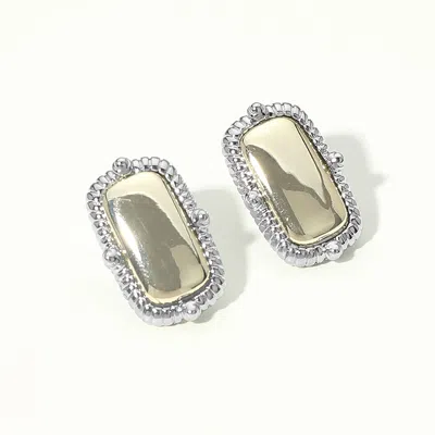Fashnzfab 14k Gold Plated Two Tone Rectangular Frame Stud Earrings In Silver