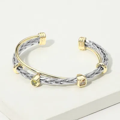 Fashnzfab 14k Gold Plated Two Tone Round Square Cz Bezel Accent Braided Cuff Bracelet