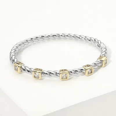 Fashnzfab 14k Gold Plated Two Tone Square Cz Bezel Station Twisted Hinged Bangle Bracelet In Silver