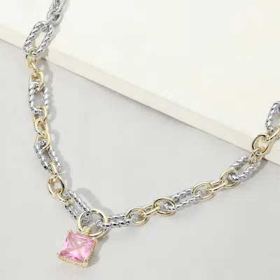 Fashnzfab 14k Gold Plated Two Tone Square Cz Stone Pendant Mixed Link Necklace In Multi