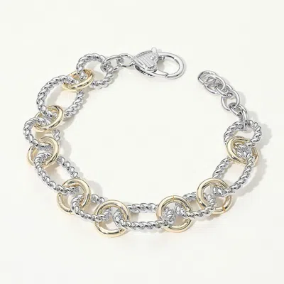Fashnzfab 14k Gold Plated Two Tone Textured Chain Bracelet In Silver