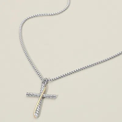 Fashnzfab 14k Gold Plated Two Tone Textured Cross Pendant Necklace - Two Tone In Multi