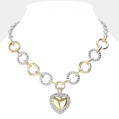 Fashnzfab 14k Gold Plated Two Tone Textured Metal Heart Pendant Necklace In Metallic
