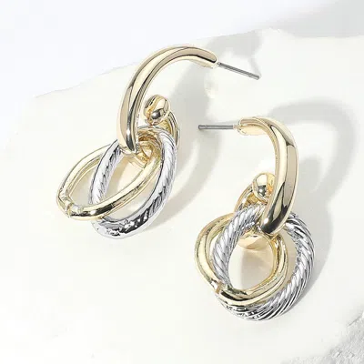 Fashnzfab 14k Gold Plated Two Tone Textured Metal Interlocking Hoop Drop Earrings In Metallic