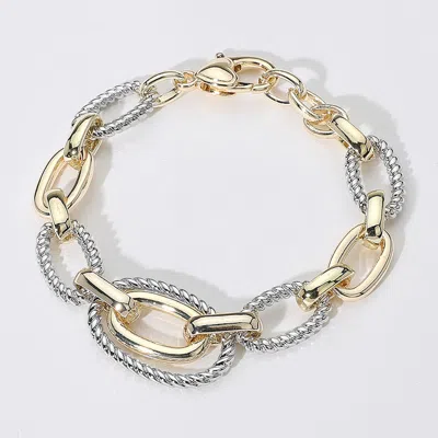 Fashnzfab 14k Gold Plated Two Tone Textured Oval Chain Link Bracelet Two Tone In Multi