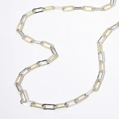 Fashnzfab 14k Gold Plated Two Tone Textured Paperclip Chain Long Necklace In Multi