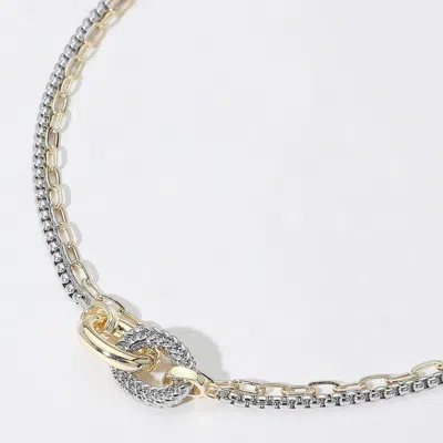 Fashnzfab 14k Gold Plated Two Tone Textured Ring Accent Layered Chain Necklace