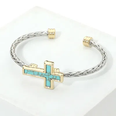 Fashnzfab 14k Gold Plated Two Tone Turquoise Cross Accent Braided Cuff Bracelet In Multi