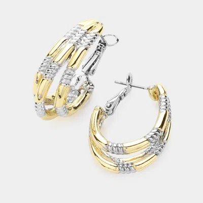 Fashnzfab 14k Gold Plater Two Tone Textured Metal Split Hoop Earrings In Multi