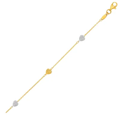 Fashnzfab 14k Two-toned Yellow And White Gold Anklet With Textured Hearts In Multi