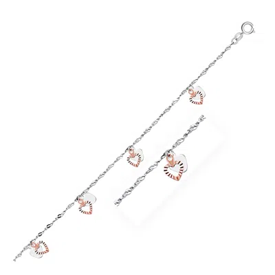 Fashnzfab 14k White And Rose Gold Anklet With Dual Heart Charms In Multi