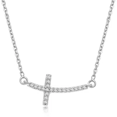 Fashnzfab 14k White Gold Curved Cross Diamond Studded Necklace (.11cttw) In Silver
