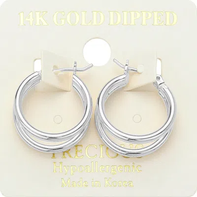 Fashnzfab 14k White Gold Dipped Hypoallergenic Double Hoop Pin Catch Earrings - Rhodium In Metallic