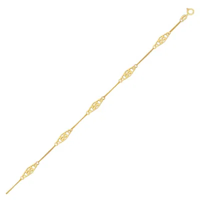 Fashnzfab 14k Yellow Gold Anklet With Fancy Diamond Shape Filigree Stations