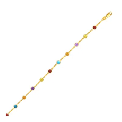 Fashnzfab 14k Yellow Gold Cable Anklet With Round Multi Tone Stations