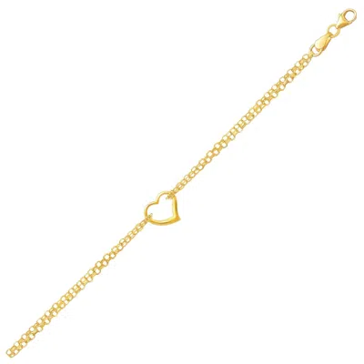 Fashnzfab 14k Yellow Gold Double Rolo Chain Anklet With An Open Heart Station
