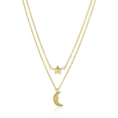 Fashnzfab 14k Yellow Gold Double-strand Chain Necklace With Puff Moon And Star
