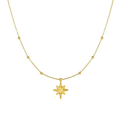 Fashnzfab 14k Yellow Gold Necklace With Eight Pointed Star And Beads