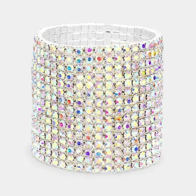 Fashnzfab 15-row Rhinestone Stretchable Bracelet Ab, Silver In Multi