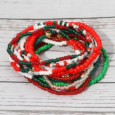 Fashnzfab 15pcs - Christmas Theme Star Seed Beaded Stretch Multi Layered Bracelets