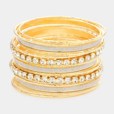Fashnzfab 15pcs - Stackable Stone Embellished Metal Bangle Bracelets - Gold