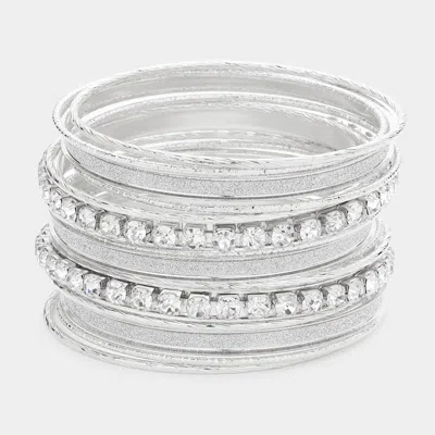 Fashnzfab 15pcs - Stackable Stone Embellished Metal Bangle Bracelets - Rhodium In Multi