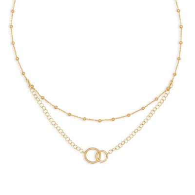 Fashnzfab 16" 14 Karat Gold Plated Multistrand Beaded Necklace With Circle Link In Pink