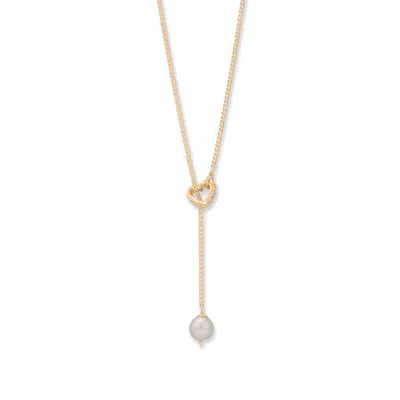 Fashnzfab 16" + 2" 14 Karat Gold Plated Cultured Freshwater Pearl And Cz Heart Lariat Necklace In Yellow