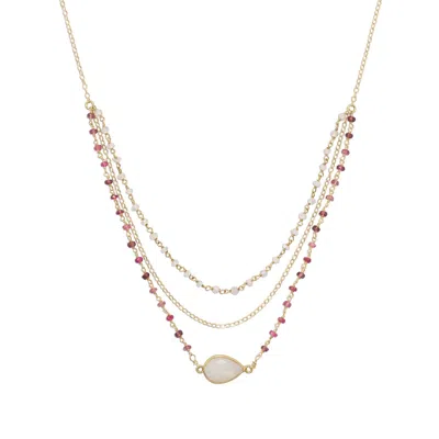 Fashnzfab 16" + 2" Gold Filled Rainbow Moonstone And Tourmaline Necklace In Red