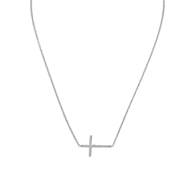 Fashnzfab 16" + 2" Rhodium Plated Polished Sideways Cross Necklace In Pattern
