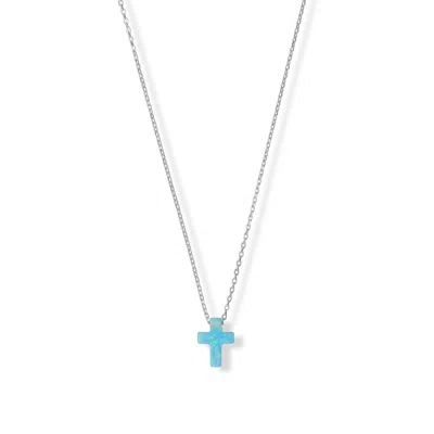 Fashnzfab 16" + 2" Rhodium Plated Synthetic Opal Cross Necklace In Red