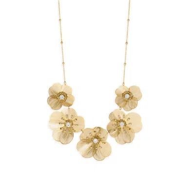 Fashnzfab 16" + 3" Gold Tone Crystal Flower Fashion Statement Necklace In White
