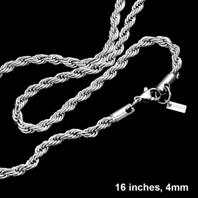 Fashnzfab 16 Inch, 4mm Stainless Steel Twisted Rope Chain Necklace In Silver