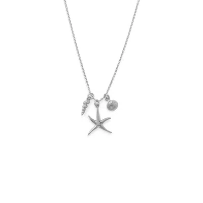 Fashnzfab 16" Rhodium Plated Starfish And Shells Charm Necklace In Pattern