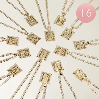 Fashnzfab 16pcs - Gold Dipped Textured Monogram Square Pendant Necklaces - Gold