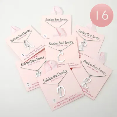 Fashnzfab 16pcs - Stainless Steel Cz Pave Initial Letter Pendant Necklaces In Silver