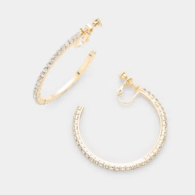 Fashnzfab 1.75 Inch Rhinestone Hoop Clip On Earrings In Gold