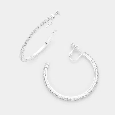 Fashnzfab 1.75 Inch Rhinestone Hoop Clip On Earrings In Silver